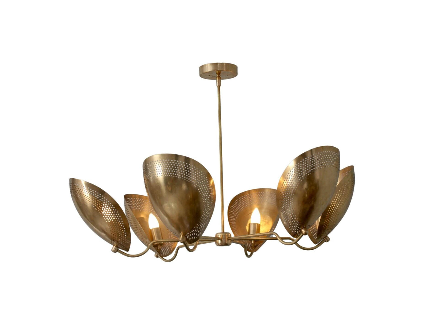 6 Light Curved Perforated Shades Pendant Mid Century Modern Raw Brass Sputnik chandelier light Fixture