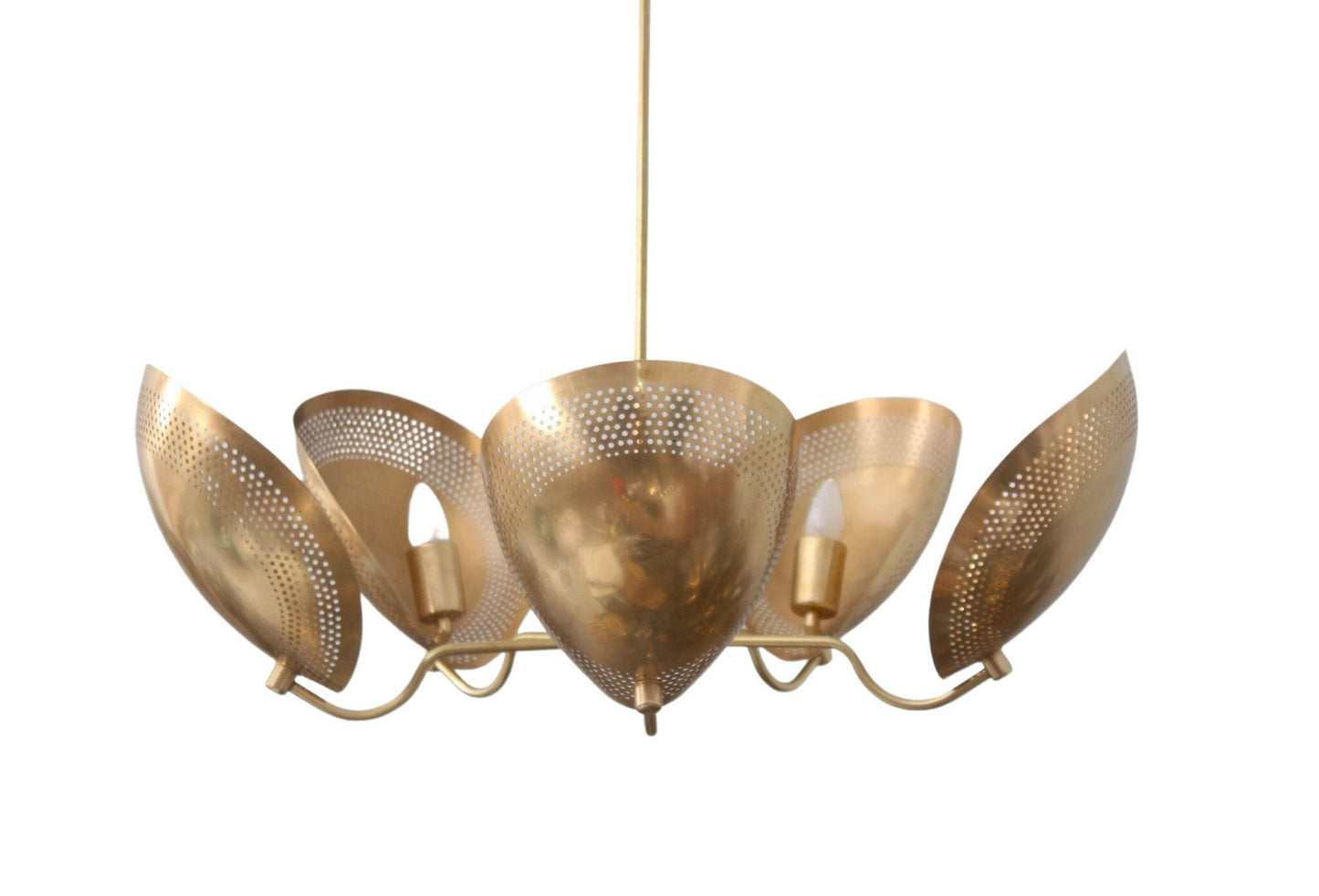 5 Light Curved Perforated Shades Pendant Mid Century Modern Raw Brass Sputnik chandelier light Fixture