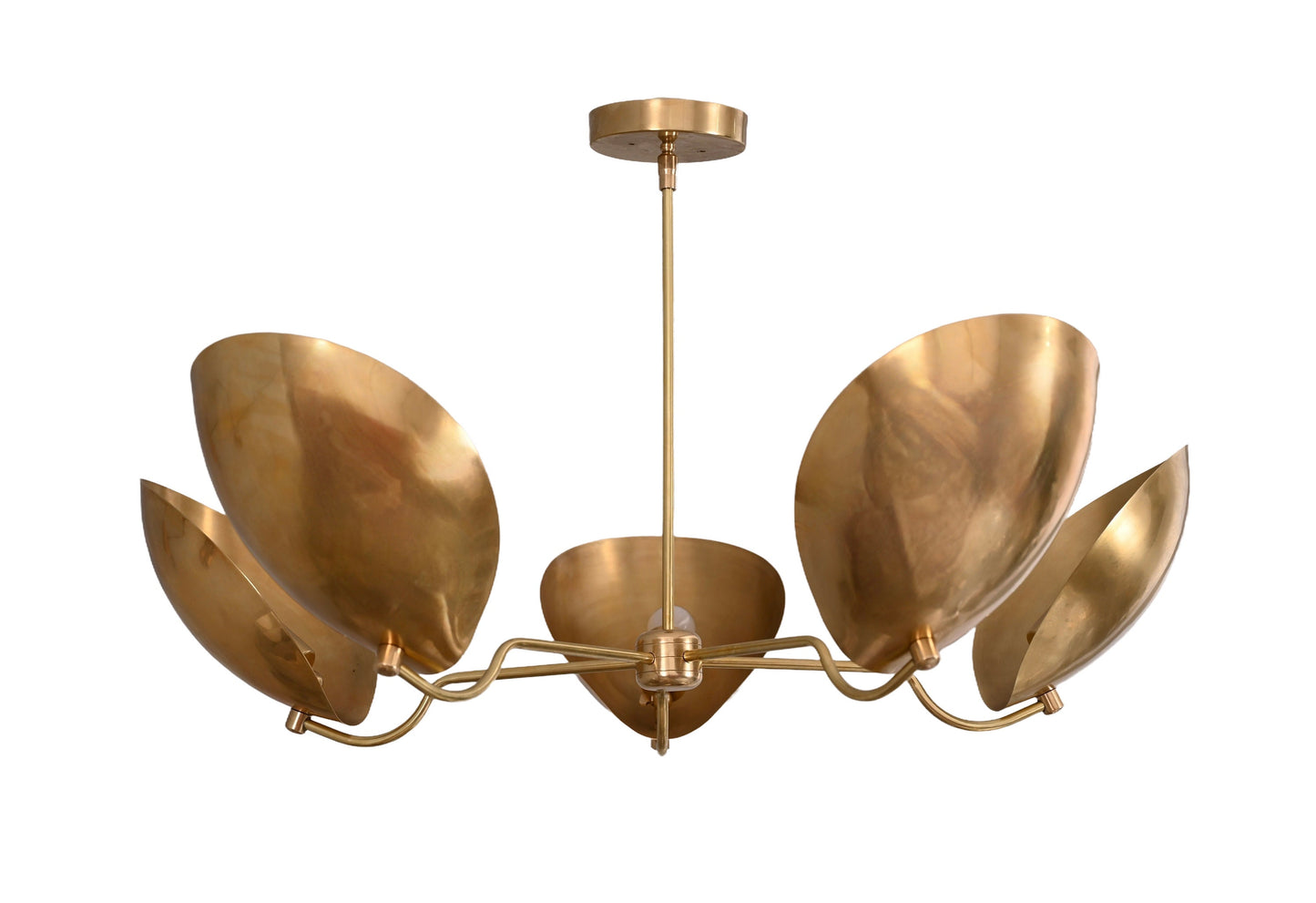 a brass chandelier with five leaves hanging from it