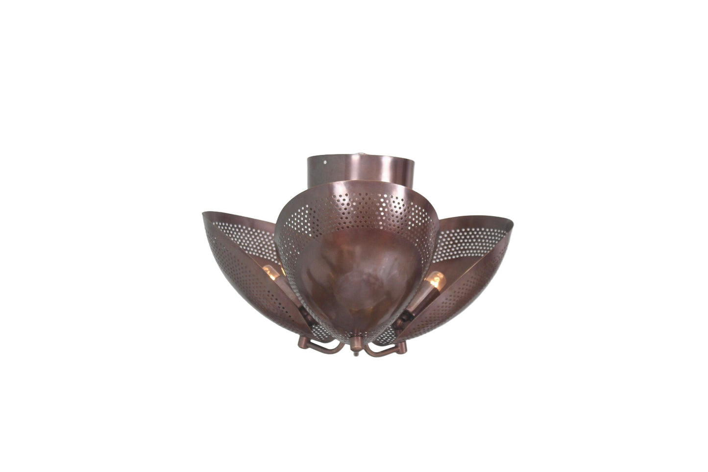 3 Light Curved Perforated Shades Semi Flush Mid Century Modern Raw Brass Sputnik chandelier light Fixture