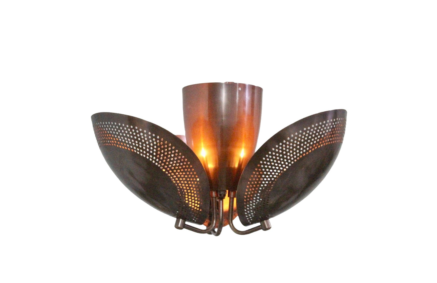 3 Light Curved Perforated Shades Semi Flush Mid Century Modern Raw Brass Sputnik chandelier light Fixture