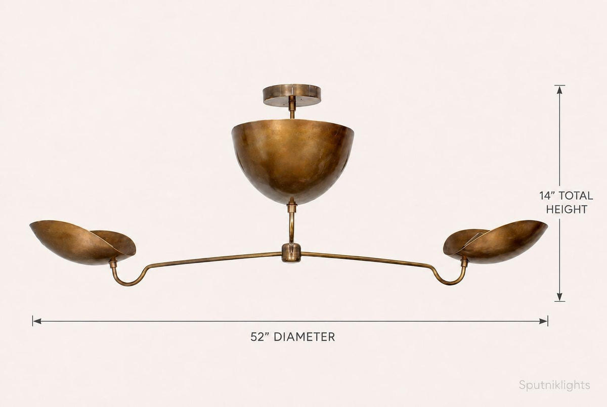 3-Light Curved Mid-Century Sputnik Raw Brass Pendant Light 52 in