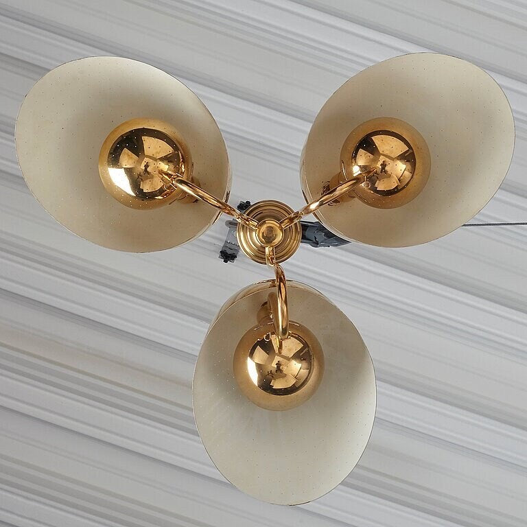 3 Light Curved Perforated Shades Semi Flush Mid Century Modern Raw Brass Sputnik chandelier light Fixture